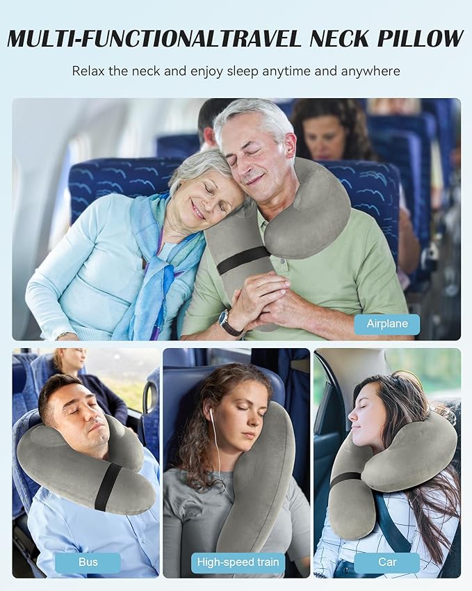 Inflatable Neck Pillow for Travel, Travel Pillow Support Head and Neck, Travel Neck Pillow for Airplane,Train,Car,Office,Home,Washable Cover (Grey)