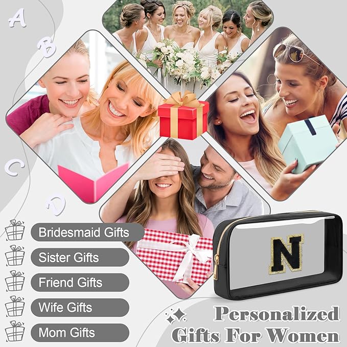 Personalized Initial Letter Clear Makeup Bag,Preppy Small Nylon&PVC Cosmetic Zipper Bag with Chenille Letter,Travel Skincare Toiletry Bag,Monogram Christmas Gift for Teen Girls Women,N