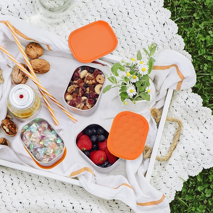 Small (1 CUP) Stainless Steel Snack Containers for Kids | Easy Open Leak Proof Food Containers with Silicone Lids - Perfect Metal Toddler Lunch Box for Daycare and School (8oz)