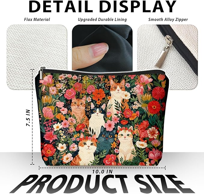 Retro Cat Makeup Bag, Kitty Cosmetic Zipper Travel Toiletry Bag for Traveling Women, Cute Black Cat Gifts for Women & Teen Girls, Cats Gifts Lovers