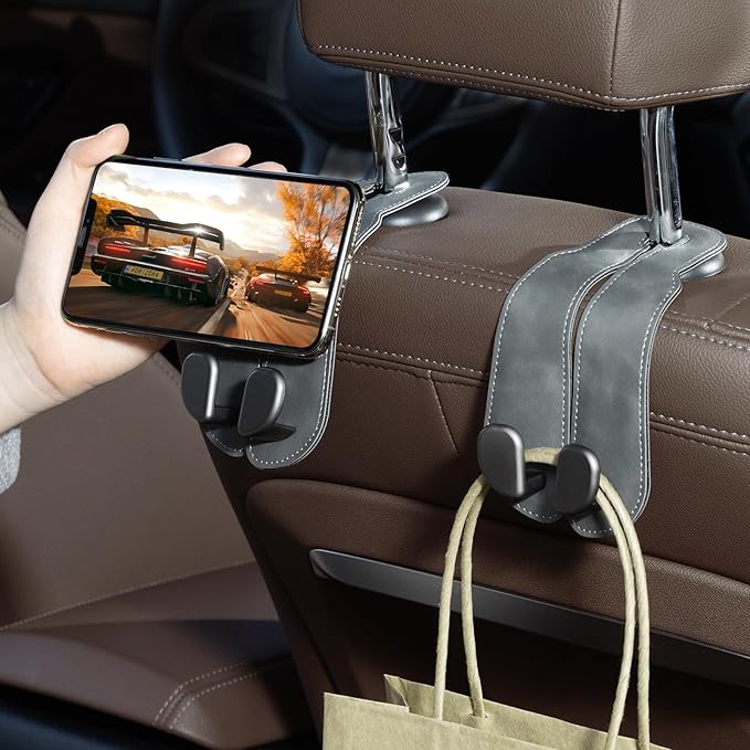 CoBak Headrest Hooks for Car - Universal Premium Stitched Leather and Aluminum-Magnesium Alloy Double Car Seat Back Storage Hook for Purses, Handbags, Bags (2 Pack),Gray