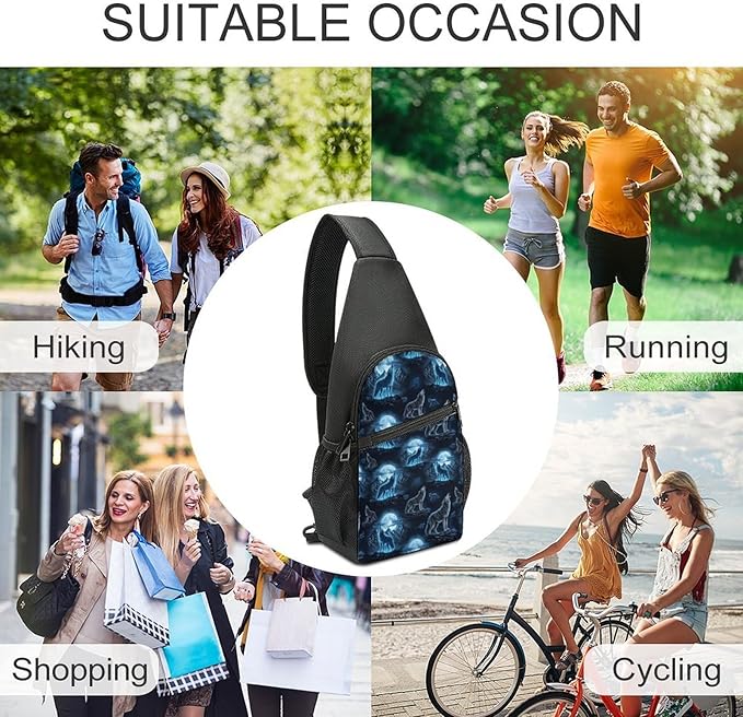 SWEET TANG Men and Women Sling Bag Chest Daypack, Howling Wolf Shoulder Backpack Crossbody for Hiking Camping Running, Casual and Large Capacity Anti Theft Rucksack