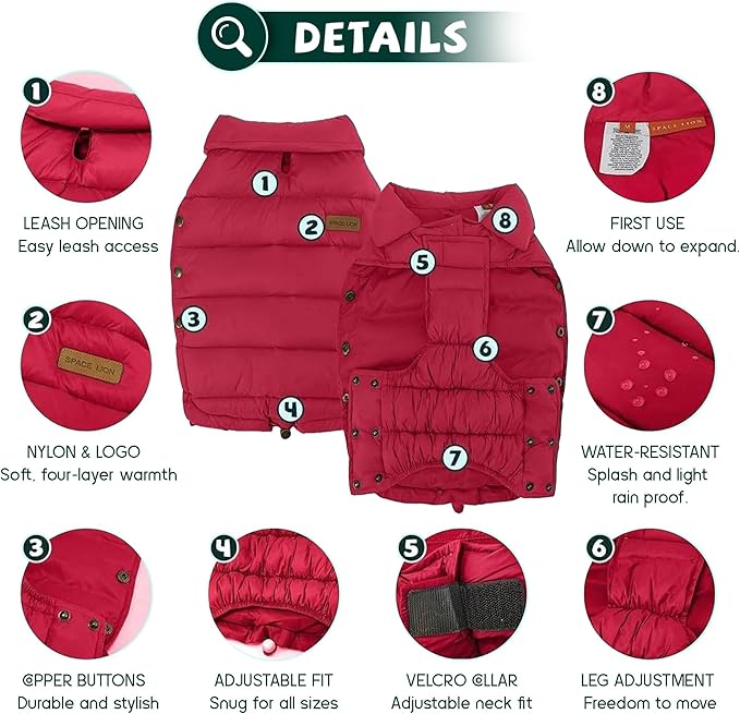 SPACE LION Dog Puffer Jacket, Down Winter Coat, Durable Outdoor Coat for Cold and Windy Conditions, Lightweight & Adjustable Fit Coats for Medium Dogs, (Red, Size14/L)