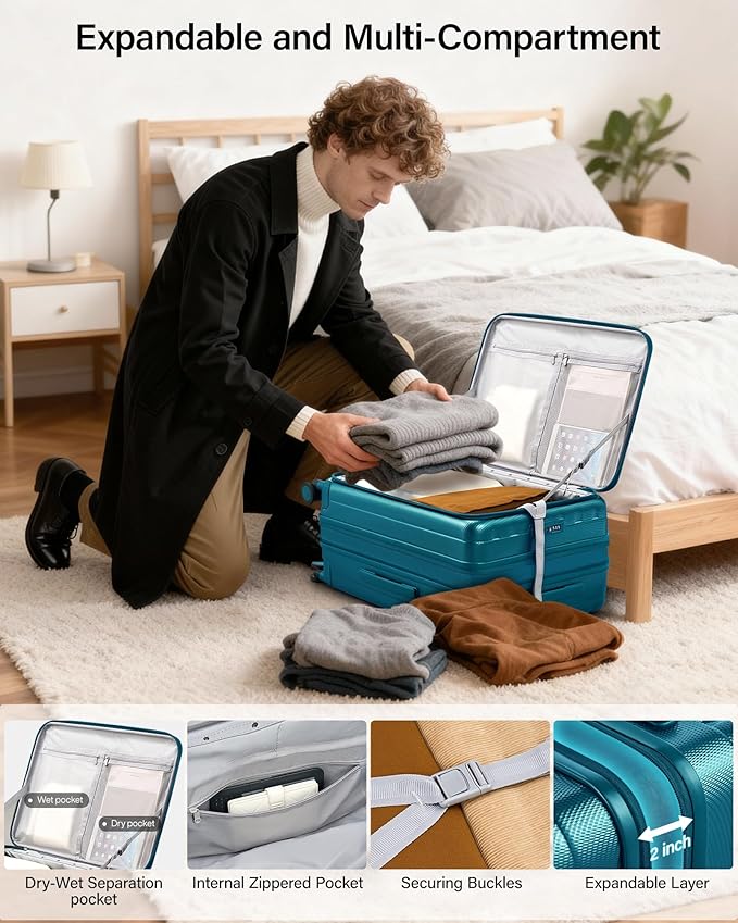 Hanke 26 Inch Expandable Luggage Top Opening Checked Bag Luggage Hard Shell Suitcases with Wheels Lightweight Travel Luggage Heavy Duty Luggage Suitcase with Lock for Woman Men-Caribbean Blue