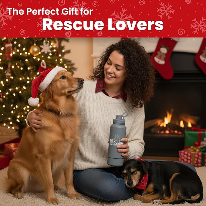 Rescue Dog Lover Water Bottle – 32 oz Stainless Steel Double Wall Insulated with 8 oz Detachable Bowl – Animal Rescue Gifts for Dog or Cat Lovers – “Rescued is My Favorite Breed” – Smoky Grey
