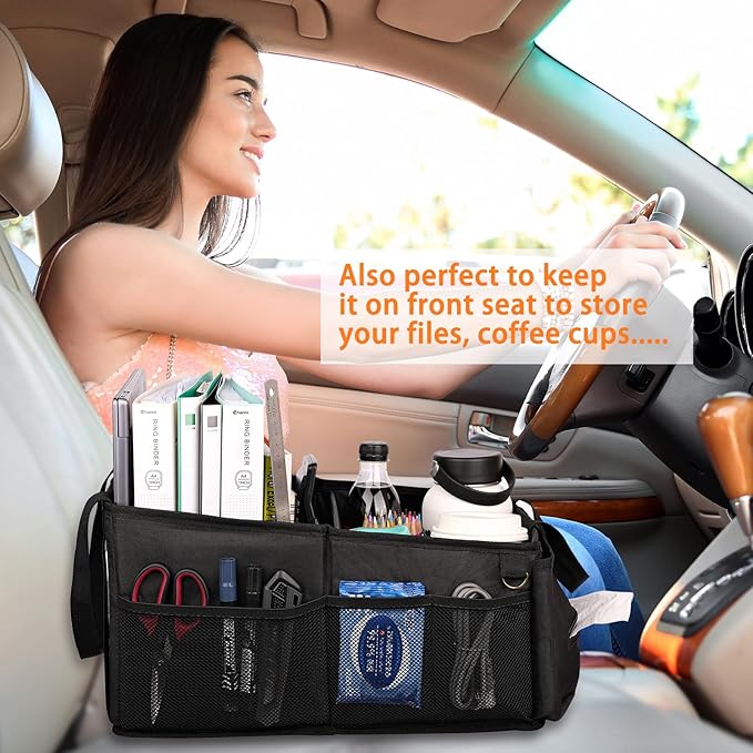 HEYSKAY Car Seat Organizer-Passenger Seat Organizer, Collapsible Small Car Seat Organizer for Console Front/Back, Car Seat Caddy Organizer with 4pc Drink Holders Automotive Backseat Organizer for Kids