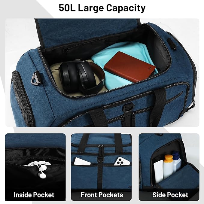 MIER Foldable Duffle Bag with Shoe Compartment 50L Travel Duffel Bags for Men Women Packable Overnight Bag for Camping Gym Weekender, Drak Blue