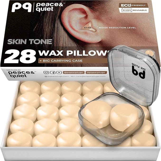 Peace&Quiet PQ Sleeping Ear Plugs Silicone - 28 Wax Moldable EarPlugs for Sleeping Noise Cancelling for Swimming, Sound Blocking Level 32 Db, (30 Silicone Earplugs), Color: Skin Tone