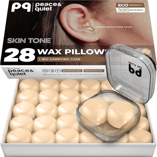 Peace&Quiet PQ Sleeping Ear Plugs Silicone - 28 Wax Moldable EarPlugs for Sleeping Noise Cancelling for Swimming, Sound Blocking Level 32 Db, (30 Silicone Earplugs), Color: Skin Tone
