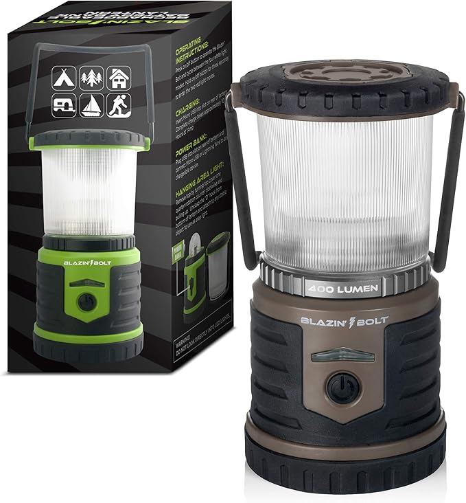 Blazin Bolt Rugged USB Rechargeable Lantern | 6000mAh Power Bank | 400 Lumen | 400 Hours of Light | 6 Modes | Camping, Emergency, Power Outage, Storm, Blizzard, Hurricane Survival