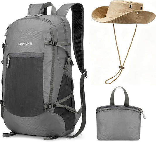 30L Foldable Backpack & Bucket Hat 2 In 1 Combo, Lightweight packable Travel and Fisherman Hat Set, Compact Collapsible Daypack with Sun Hat (Gray)
