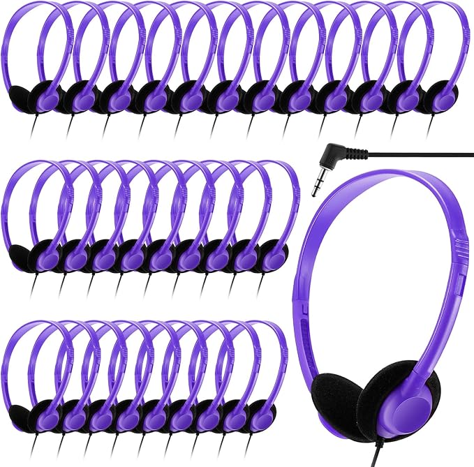 Yunsailing 30 Pack Bulk Headphones Set Over Ear Headphones with Adjustable Headband 3.5mm Plug Headsets Earphones for Learning Program, Computer Lab, Library, Testing & Multimedia Use (Purple)