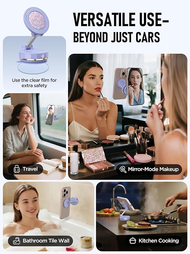 ETODBUWS Upgraded Vacuum Magnetic Car Phone Holder for MagSafe[108+LBS Strongest Suction & 3000gf Strongest Magnetic],360° Adjustable Suction Cup Phone Mount for Car,Gym,Mirror,Men Women-Purple