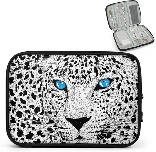 White Tiger Leopard Travel Cable Organizer Pouch Blue Eyes Electronics Accessories Carry Case Portable Water Resistant Storage Bag for Cord Charger Phone Earphone SD Card
