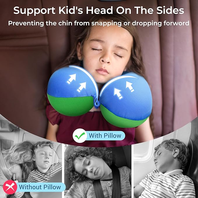 COOLBEBE Kids Travel Neck Pillow for Airplane, 2PCS Toddler Neck Pillow for Traving, Comfortably Headrest Pillow for Car & Airplane (Bluish Green & Pinkish Purple)