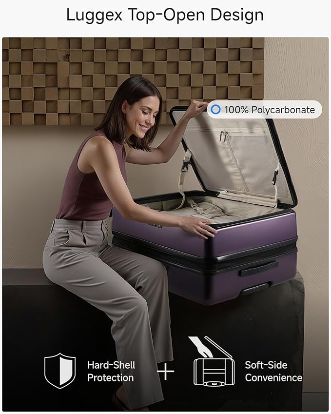 LUGGEX Checked Suitcase Top Opening, FLT Expandable Polycarbonate Hard Shell Suitcase with Wheels (FLO-Lite, Purple, 28 Inch, 105L-115L)