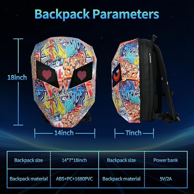 Motorcycle Backpack with LED Eyes, DIY Laptop Backpack for Riding, Cycling, Travel, Waterproof Hard Case Motorbike Bag, Large Size 19" Graffiti