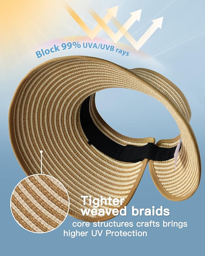 FURTALK Sun Hats for Women Wide Brim Beach Hat Straw Visor Ponytail Summer UV Packable Foldable Beach Vacation Essentials