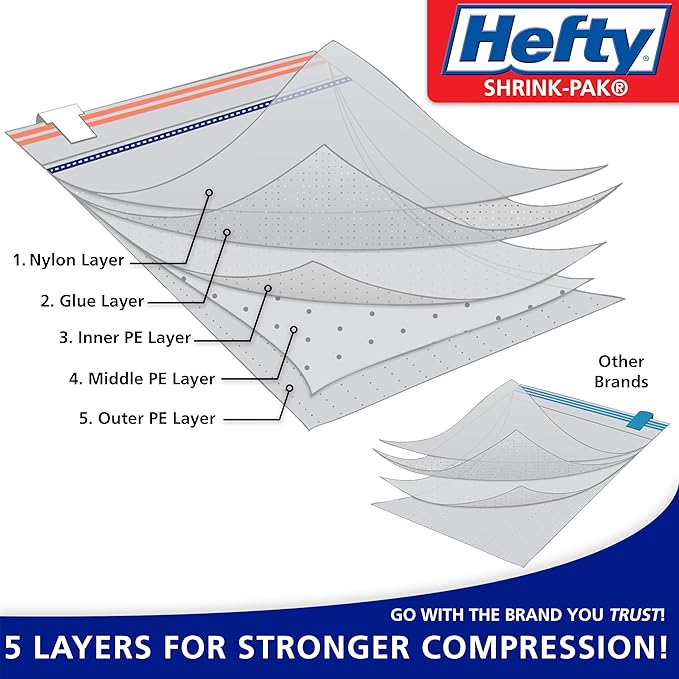 Hefty Shrink-Pak Vacuum Storage Bags - Space Saver for Under Bed Storage, Clothing and Comforters, Odor Resistant, 3X More Storage Space - 3 Large, 3 XL Bags