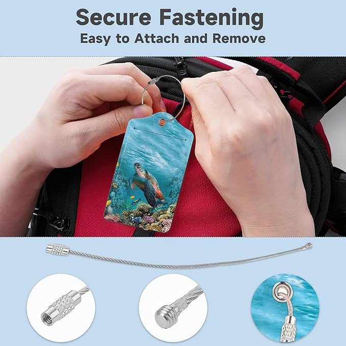 Set of 2 Luggage Tags for Suitcases, Leather Turtle Fish and Coral Baggage Tags with Stainless Steel Loop, Privacy Name ID Card Cover Kawaii Travel Labels for Women Men Kids Girls