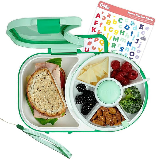 GoBe Kids Lunchbox with Small Snack Spinner Flip - Bundle with Hand Strap & Sticker Sheet, 2-in-1 Bento Style Lunch Container, 5 Small +1 Large Sandwich Compartment, BPA & PVC Free - Mint Green