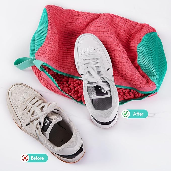Shoe Washing Machine Bag, Laundry Shoe Bag for Washer and Dryer, Reusable Microfiber Shoe Cleaning Bag with Durable Zipper for Tennis Shoes, Sneakers, Running Shoes, Pink and Green, 1 Piece