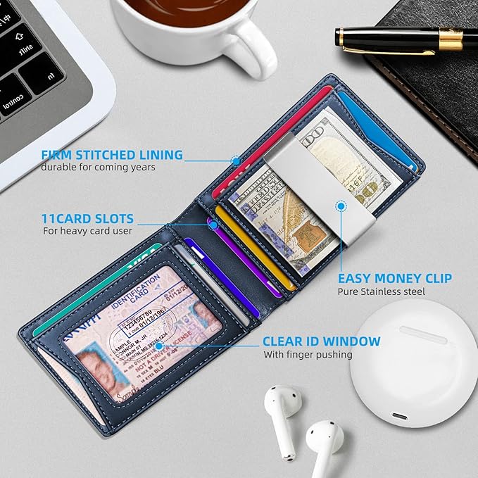 BULLIANT Men Wallet Airtag&Standard Use,Slim Front Pocket Wallet Money Clip for Gifg Men RFID Blocking 11Cards