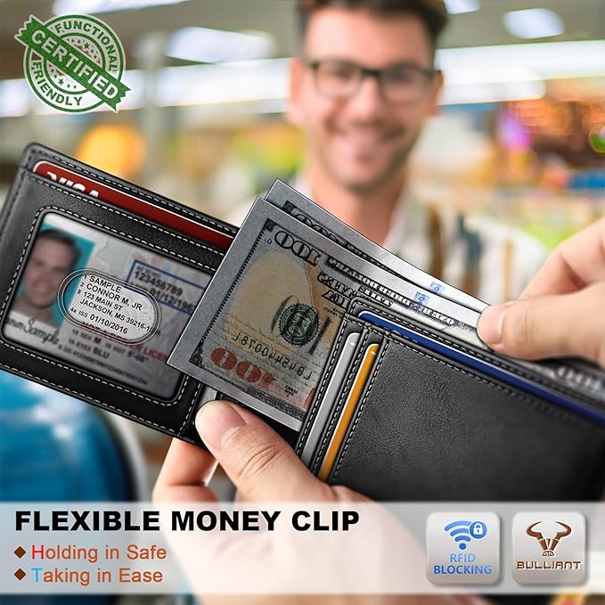 BULLIANT Men Wallet,Slim Leather Wallet Money Clip Magnetic Closure Simplifed Bill Folder 10Cards RFID Blocking 4.3"×3"