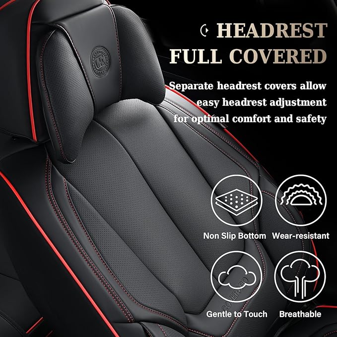 Coverado Universal Seat Covers Full Set, 5 Seats Universal Seat Covers for Cars, Waterproof Nappa Leather Car Seat Covers with Head Pillow, Auto Protectors Fit for Most Pick-up Truck, Black&Redline