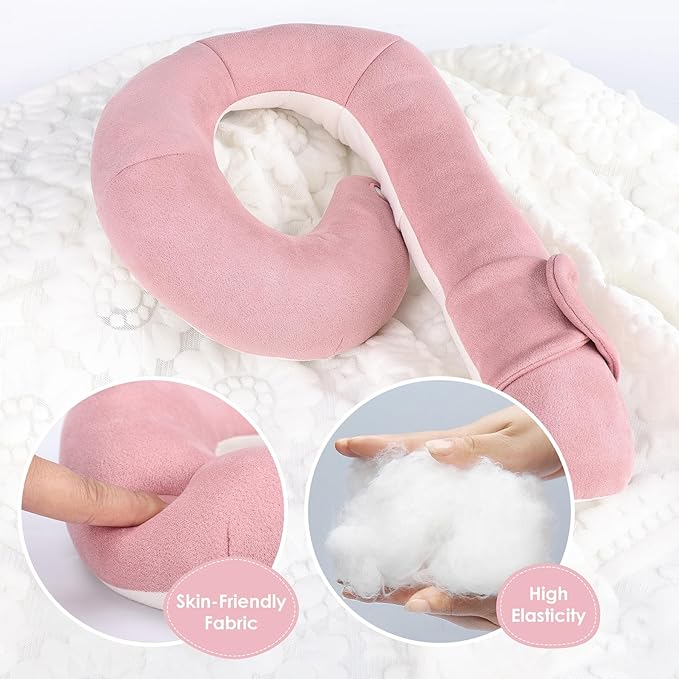 Kids Travel Neck Pillow, Comfortable Head & Chin Support for Car seat & Airplane, Toddler Pillow for Sleeping on Road Trip, Gifts for Child (Pink & Beige)