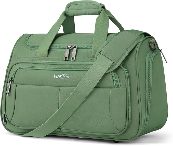 HanTrip Carry on Duffel Bag Foldable Duffle Bags for Travel, Under Seat Personal Item Bags for Airplanes, Weekender Overnight Mens Travel Tote Bag for Women Softside Carry on Luggage (Forest Green)