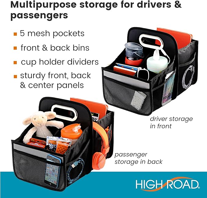 High Road Car Caddy with Cup Holders - Front Seat Organizer for Drivers or Back Seat Organizer for Kids - Portable Car Organizer with Easy One-Handed Carry Handle