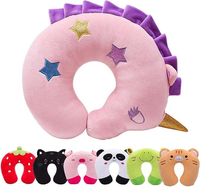 H HOMEWINS Travel Pillow for Kids,Cute Animal Toddler Neck Pillow for Boys Girls,Soft Neck Head Chin Support Pillow,Travel Accessories for Airplane, Car, Train,Recline (Unicorn)