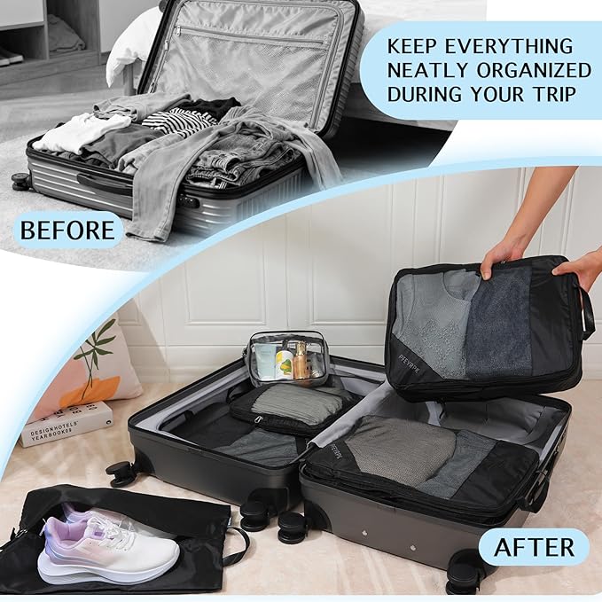 Lightweight Compression Packing Cubes for Suitcases, Compressible Expandable Travel Packing Organizer with Clear Toiletries and Backpack Bag, Travel Essentials for Carry on Luggage 7 Set
