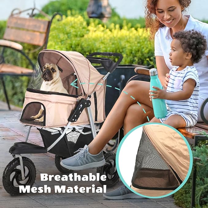 Critter Sitters 3-Wheel Jogging Dog Stroller with Storage Basket and Cup Holders, Modern and Stylish Pet Stroller for Medium to Large Pets up to 55 Pounds, Tan