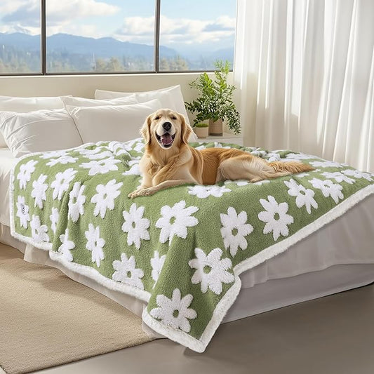 Luciphia Waterproof Pet Blanket for Medium Large Dogs Washable Fluffy Thick Jacquard Shag Fleece Warm Sherpa 3D Textured Flower Print for Cats Puppy Couch Protection (Green,85x57 inches)