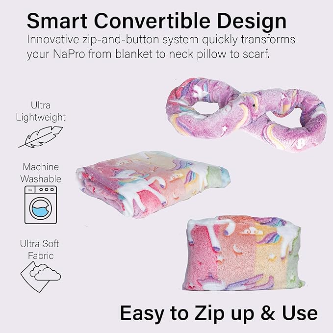 NAPRO Kids 3-in-1 Travel Blanket and Pillow Combo, Convertible Infinity Scarf, Lightweight Neck Support for Airplane, Car & Camping, Glow-in-The-Dark - Unicorn