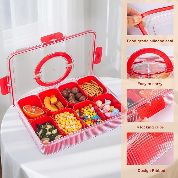 Patent Design Ribbed Snackle Box Container Divided Serving Tray with Lid and Handle -Charcuterie Container Portable Storage Organizer for Candy, Fruit, Beach, Picnics（1 pcs, Red）