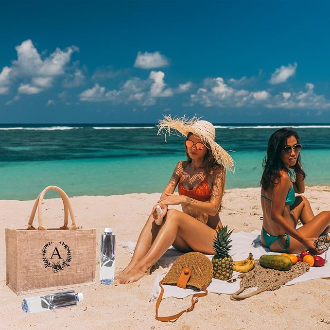 Initial Jute Tote Bags for Women, Thank You Gifts for Birthday, Wedding, Beach, Appreciation Gifts for Teacher