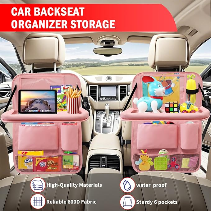 2Pack Car Backseat Organizer with Foldable Table Tray,6 Storage Pockets Car Storage Organizer with Tablet Holder,Car Seat Back Protectors Kick Mats Travel Accessories (Pink)