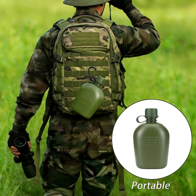 ShenDu Military Canteen, WWII US GI Style 1 Quart Water Canteen Kit with Aluminum Canteen Cup, Stainless Steel Spork & Cover for Camping, Hiking, Backpacking