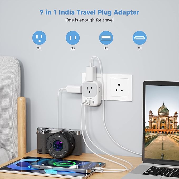 TESSAN US to India Plug Adapter, India Power Adapter with 4 American Outlets 3 USB Charger (1 USB C Port), Type D Travel Adaptor for USA to Bangladesh Maldives Nepal Pakistan