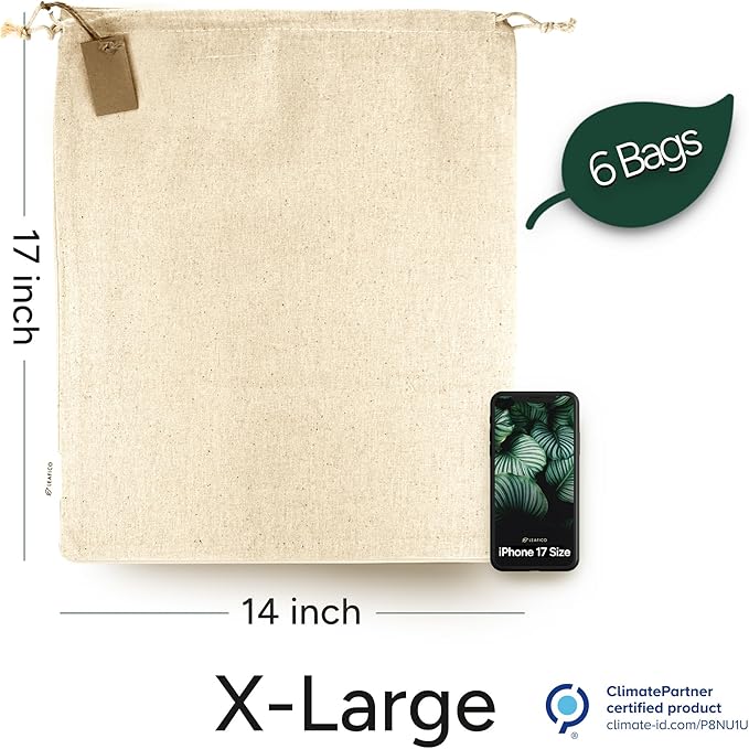 LEAFICO Cotton Storage Bags – X-Large 14x17 Inch (6-Pack) – Reusable Muslin Bags with Drawstrings – Biodegradable Canvas Fabric Sacks – Perfect for Bread, Bulk Produce, Potatoes, Onions, Shoes