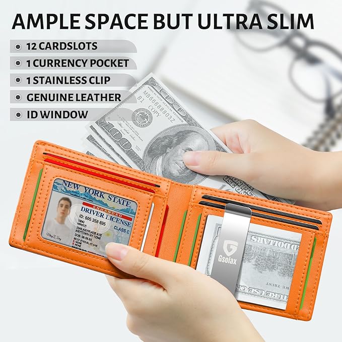 GSOIAX Mens Slim Wallet for Men Minimalist Genuine Leather Carbon Fiber Rfid Blocking Bifold Credit Card Holder With Gift Box (Carbon and Orange -money clip)