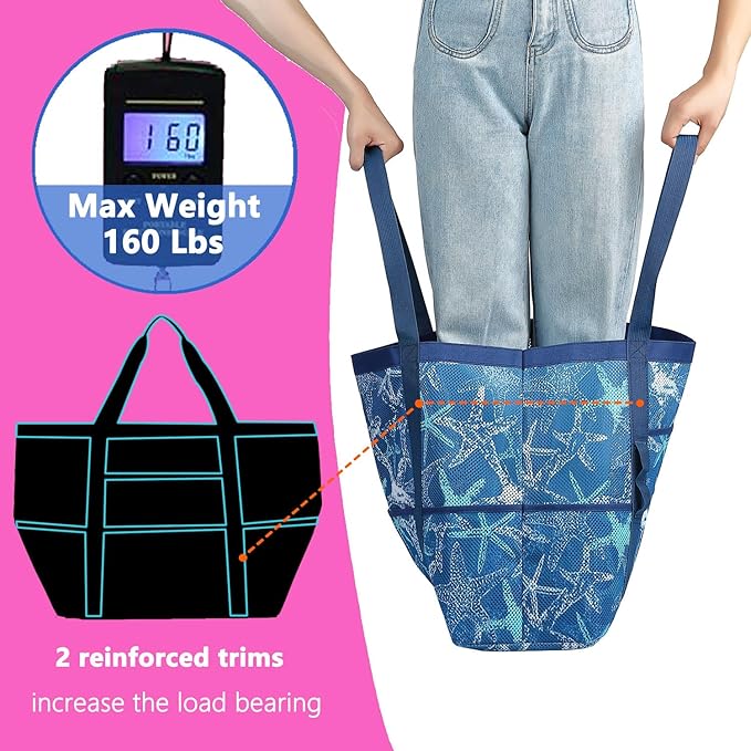 Mesh Beach Bag, Large Beach Tote with Zipper Pocket for Family Pool Bag for Toys & Vacation Essentials