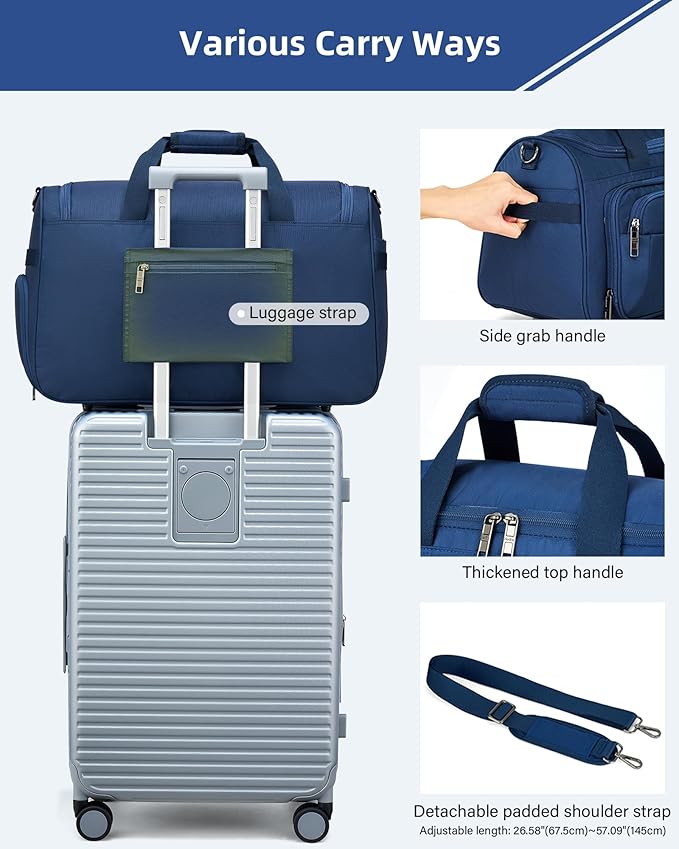 HanTrip Carry on Duffel Bag Foldable Duffle Bags for Travel, Large Personal Item Bags for Airplanes, Weekender Overnight Mens Travel Tote Bag for Women Softside Carry on Luggage (Blue)