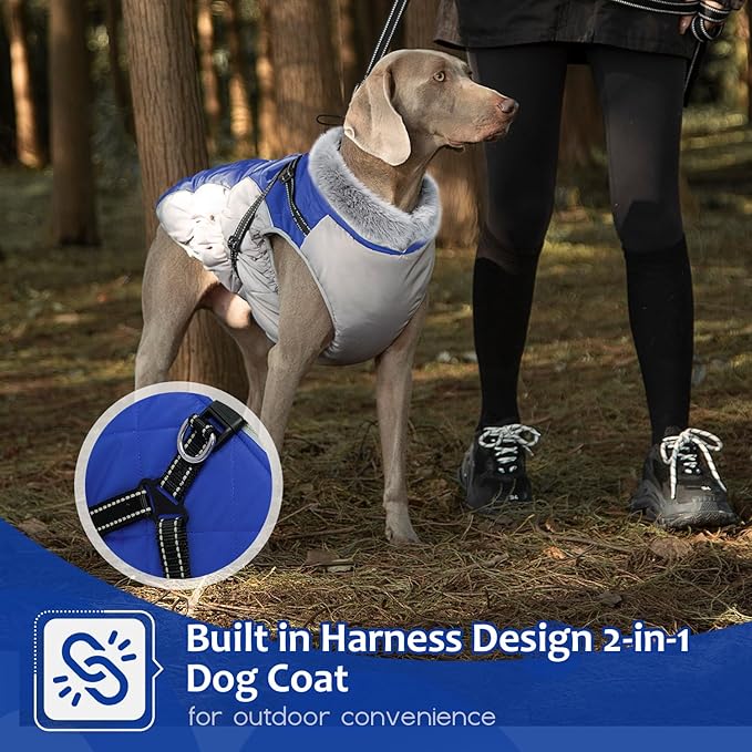 Abuandi Dog Winter Coat with Harness, Dog Jacket, Pet Clothes with Zipper on Back, Waterproof Windproof Warm Vest, Reflective Cold Weather Coats, for Small Medium Large Dogs, Thick, Blue, L