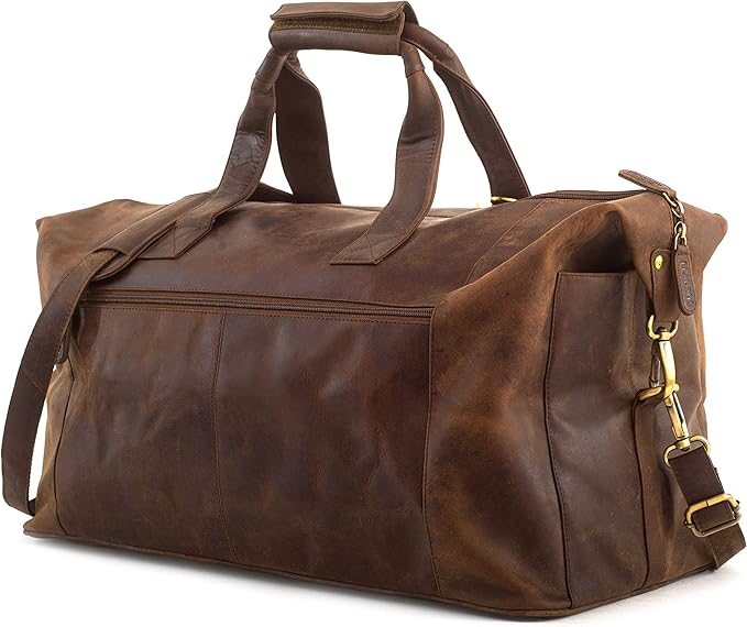 Leabags Leather Weekender | Genuine Leather Premium Travel Bag | 41L Sports Duffle Gym Training Airplane Bag | Large | Dark Brown Nature | for Women & Men