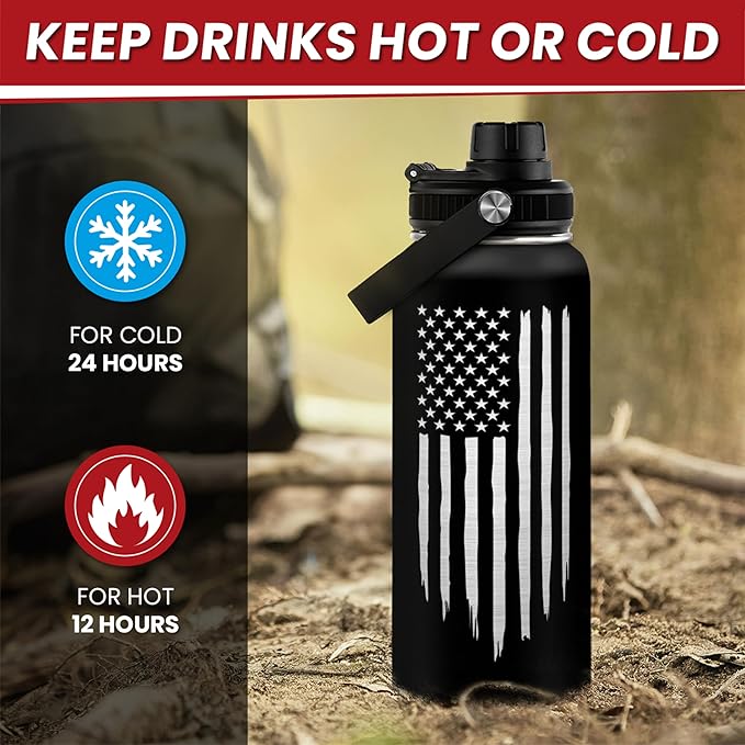 American Flag Water Bottle 32oz - SA Water Bottles Stainless Steel Insulated with Lid, America Gifts Ideas for Men Gym Sports Outdoor Workout