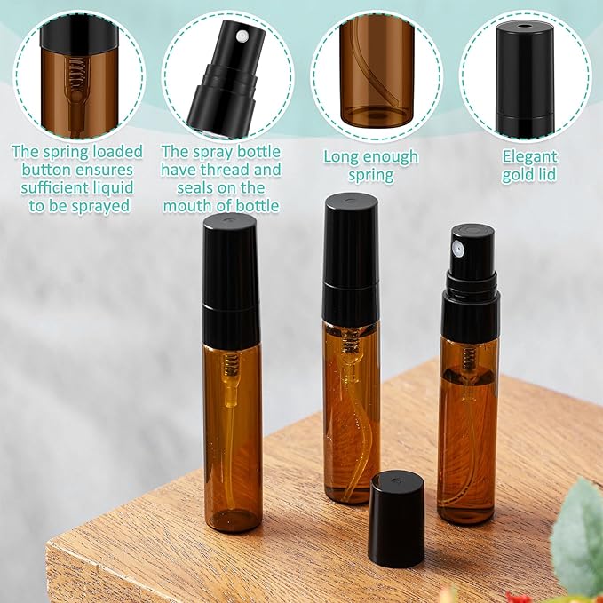 Zhehao 50 Pcs Mini Spray Bottles 5 ml Clear Glass Perfume Bottles Refillable Fine Mist Perfume Atomizer Portable Empty Sample Containers for Cleaning, Essential Oils, Travel (Amber)